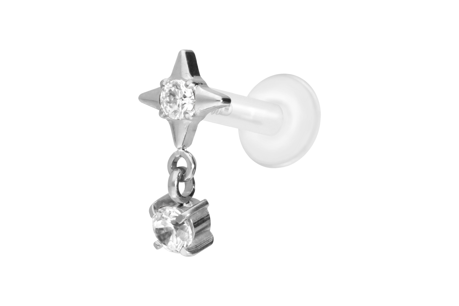 PTFE Labret Piercing mit Innengewinde + Titan-Aufsatz STERN + KRISTALL